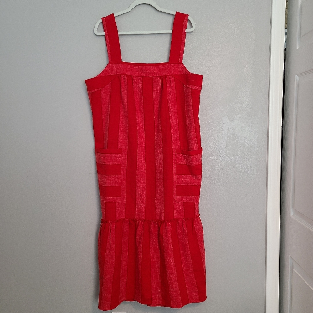 Anthropologie Maeve Red Stripe Tonal Tank Square Neck Midi Dress Patch Pockets - Picture 4 of 16